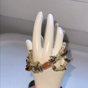 PJ 1974  Brown,‎ Light Green & Amber Strand Stone Beaded Stretch Bracelet